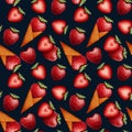Strawberry in heart shape, ice cream cone watercolor seamless pattern. Valentines day, love, dessert concept Royalty Free Stock Photo