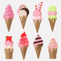 Strawberry ice cream cone collection. Vector flat illustration about strawberry ice cream. Cone, flake and scoops of