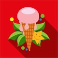 Strawberry ice cream cone icon flat. Modern colored icons in a flat design with long shadow Royalty Free Stock Photo