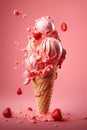 Strawberry Ice Cream Cone Splashing on Pink Background Royalty Free Stock Photo