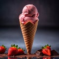 Strawberry Ice-cream in cone standing on the table Royalty Free Stock Photo