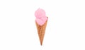 Strawberry ice cream cone on white background.