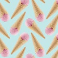 Strawberry ice cream in crisp waffle cones as seamless decorative pattern on green background, mock up for design. Royalty Free Stock Photo