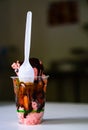 Strawberry ice cream dribbled with chocolate sauce Royalty Free Stock Photo