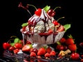 Strawberry ice cream with dropping cream and fresh fruits Royalty Free Stock Photo