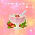 Strawberry ice cream with fresh berries sorbet in glass mug on vintage rose defokused background cartoon vector