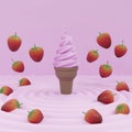 Strawberry ice cream with fruit fall into pink cream 3D render illustration