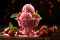 Strawberry ice cream in glass bowl with fresh strawberries on wooden table, Delicious strawberry ice cream, AI Generated Royalty Free Stock Photo