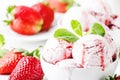 Strawberry ice cream with jam topping, decorated with green mint Royalty Free Stock Photo