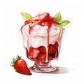 Strawberry Sundae Illustration In Traditional Oil-painting Style