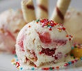 Strawberry ice cream with mango and wafer rolls close up Royalty Free Stock Photo