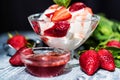 Strawberry ice cream with mint in bowl and jam Royalty Free Stock Photo