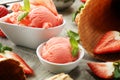 Strawberry ice cream scoop with fresh strawberries and icecream cones Royalty Free Stock Photo