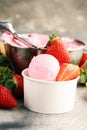 Strawberry ice cream scoop with fresh strawberries and waffle icecream cones Royalty Free Stock Photo