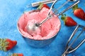 Strawberry ice cream scoop with fresh strawberries and waffle icecream cones Royalty Free Stock Photo