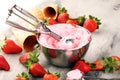 Strawberry ice cream scoop with fresh strawberries and waffle icecream cones Royalty Free Stock Photo