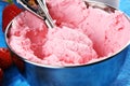 Strawberry ice cream scoop with fresh strawberries and waffle icecream cones Royalty Free Stock Photo