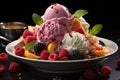 Strawberry ice cream surrounded by vibrant fresh fruits., generative IA Royalty Free Stock Photo
