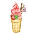 Strawberry ice-cream in waffle cone decorated with chocolate waffles, berries, cookies and candies. Red Fruit Ice Cream