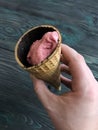 Strawberry ice cream in a waffle cone. In a manÃ¢â¬â¢s hand. Against the background of pine brushed boards painted in black and green Royalty Free Stock Photo