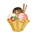 Strawberry ice-cream in waffle cone tasty decorated with chocolate waffles, berries, cookies and candies. Red Fruit