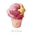Strawberry ice cream in a waffle cone. Watercolor