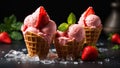 Strawberry ice cream in a waffle cup, fresh strawberries, mint luxury