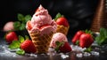 Strawberry ice cream in a waffle cup, fresh strawberries, mint luxury summer