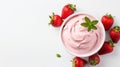 Strawberry ice cream on white background top view. Delicious sweet ice cream with Strawberry in white plate. Food photography.