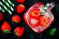 Strawberry iced cold drink with ice and mint. Strawberry infused water, cocktail, lemonade or tea Royalty Free Stock Photo