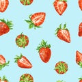 Strawberry isolated on a blue background. Digital drawing of strawberry berries. Seamless pattern for fabric design