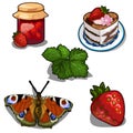 Strawberry jam, berry, cake and butterfly