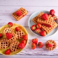 Strawberry jam biscuits, strawberries on white table, top view, copy space Royalty Free Stock Photo