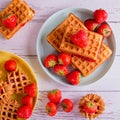 Strawberry jam biscuits, strawberries on white table, top view, copy space Royalty Free Stock Photo