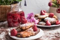 Strawberry jam, cheeses with jam, cheese cheese from cottage cheese, oliva, strawberry, still life from cheese