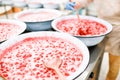 Strawberry jam cooking process. Organic traditional jam manufacturing