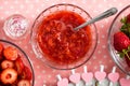 Strawberry jam in a glass bowl with a top view. Fresh strawberry jelly Royalty Free Stock Photo