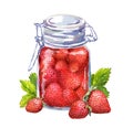 Strawberry jam in glass jar and berries with leaves. Watercolor Royalty Free Stock Photo