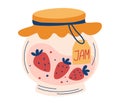 Strawberry jam in glass jar. Doodle of home cooking. Healthy Sugar Replacement. Homemade berry jelly cartoon icon. Clipart for