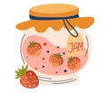 Strawberry jam in glass jar. Healthy Sugar Replacement. Doodle of home cooking. Royalty Free Stock Photo