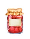 Strawberry jam in glass jar with paper label. Watercolor Royalty Free Stock Photo