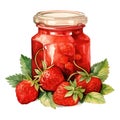 Strawberry jam in glass jar with strawberries. Watercolor illustration isolated on white background Royalty Free Stock Photo