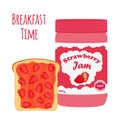 Strawberry jam in glass jar, toast with jelly. Flat style.