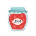 Strawberry jam jar. flat cartoon style. organic food. Glass capacity for berry meal with lid. Vector illustration. Isolated white Royalty Free Stock Photo