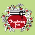 Strawberry jam with a jar and fragaria berries on a green background. Vector illustration