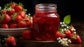 strawberry jam in a jar on a table in front of some fresh strawberries, in the style of dark beige and red,. Generative