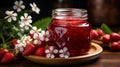 strawberry jam in a jar on a table in front of some fresh strawberries, in the style of dark beige and red,. Generative