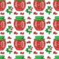 Strawberry jam jars and strawberries, seamless pattern. Vector background Royalty Free Stock Photo