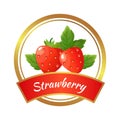 Strawberry jam label. Berries marmalade jar sticker, isolated sweet berry with green leaves vector template Royalty Free Stock Photo