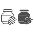 Strawberry jam line and solid icon. Glass can jar and strawberries outline style pictogram on white background. Children Royalty Free Stock Photo